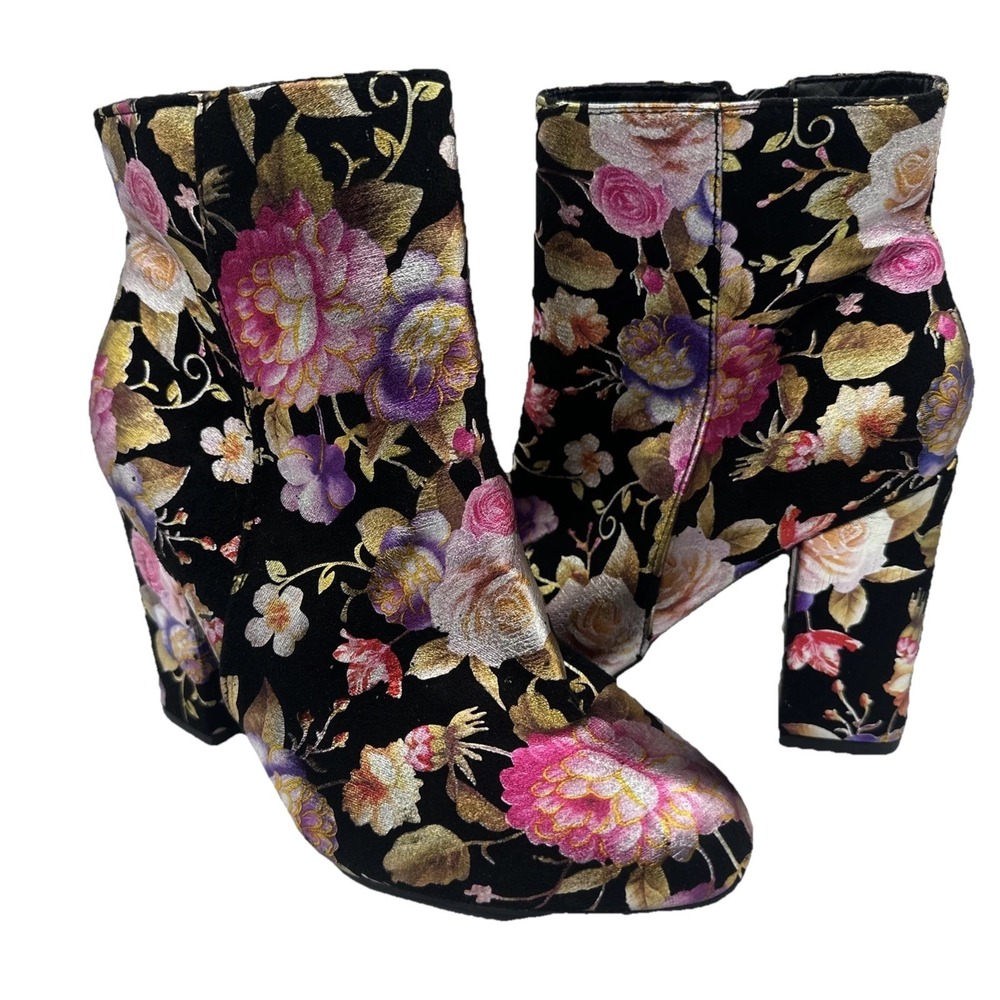 Bamboo Women Black‎ and Pink Floral Ankle Boots 8 1 /2 NAMASTE 22